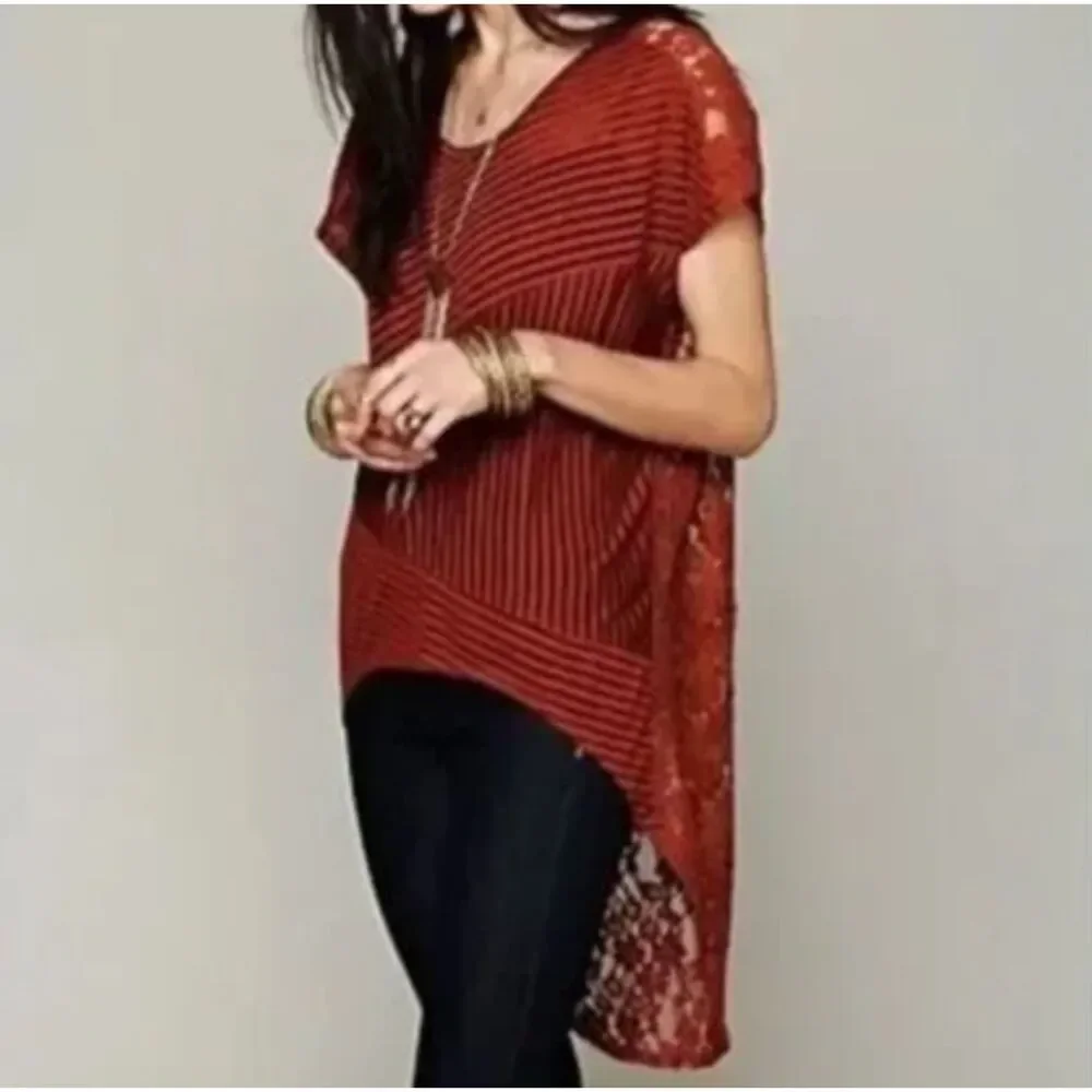 Free People Daydream Hi Low Lace Stripe Round Neck Tunic Burnt Orange Small